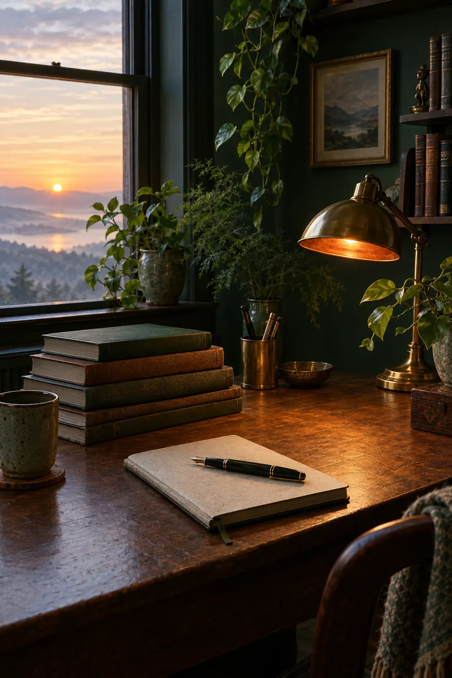 A writer's desk at dawn with books, a fountain pen, a notebook and a copper desk lamp.