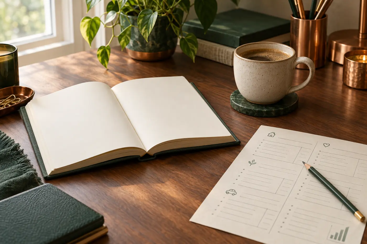An open book on a walnut desk beside a coffee cup, a pencil and a budget worksheet in warm window light.